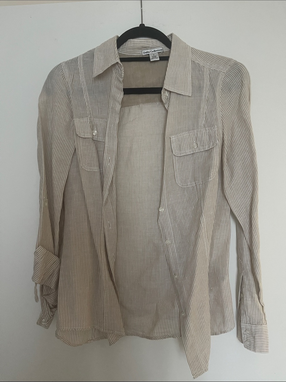 Dalia Collection Beige and White Striped Button-Up Shirt